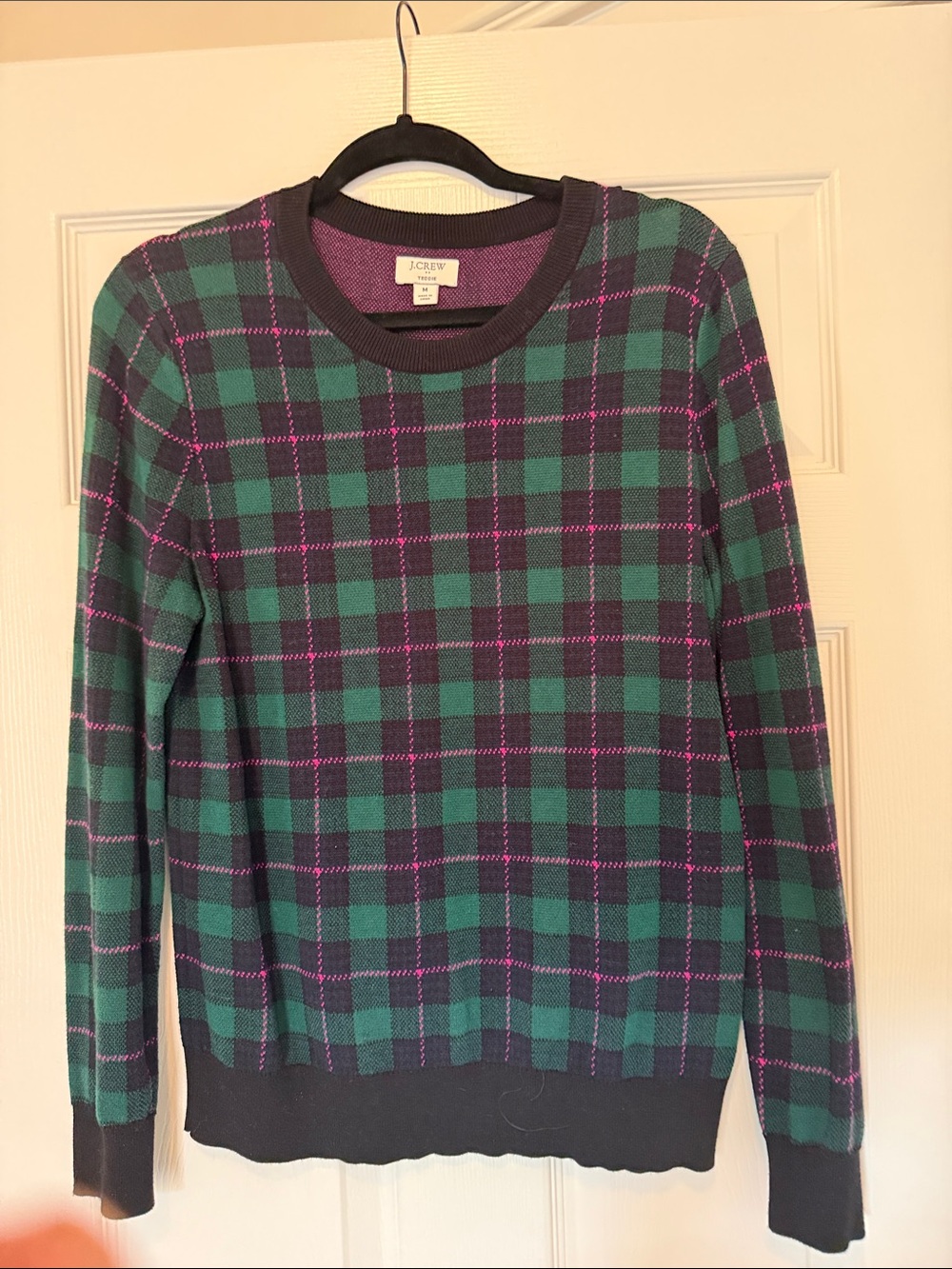 J. Crew Green and Purple Plaid Crewneck Sweater
